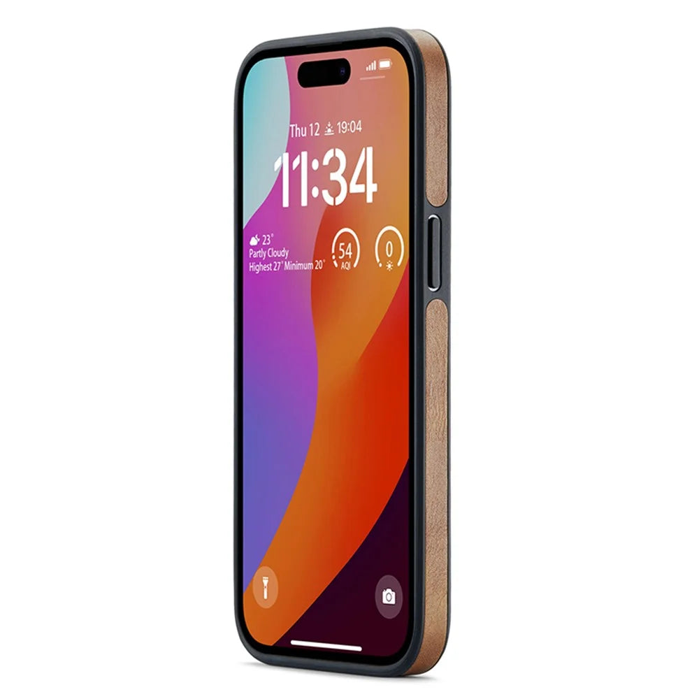 DG.MING For iPhone 15 Plus Case Logo View Back Shell PU Leather+PC+TPU Cover - Brown - 3
