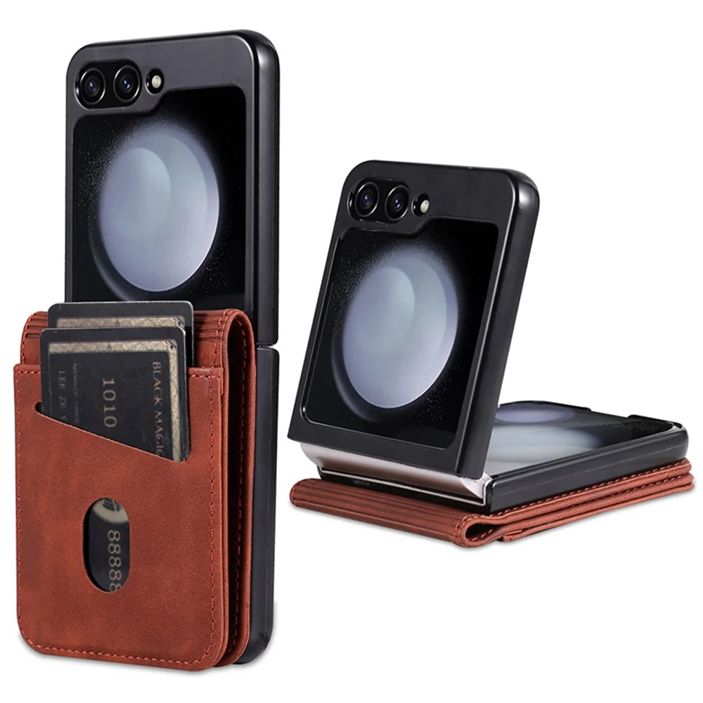 AZNS For Samsung Galaxy Z Flip5 5G Leather Case Card Holder Protective Phone Cover - Brown - 1