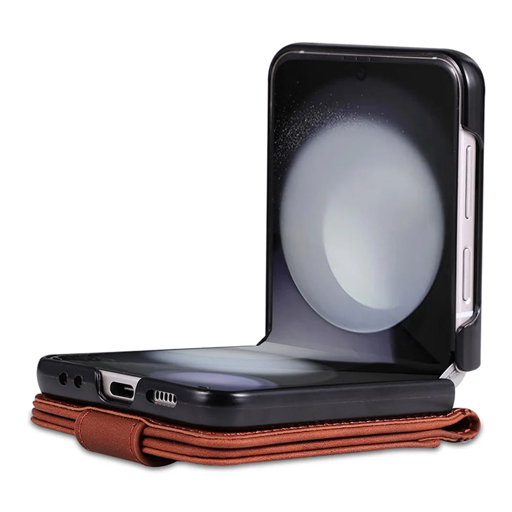 AZNS For Samsung Galaxy Z Flip5 5G Leather Case Card Holder Protective Phone Cover - Brown - 3