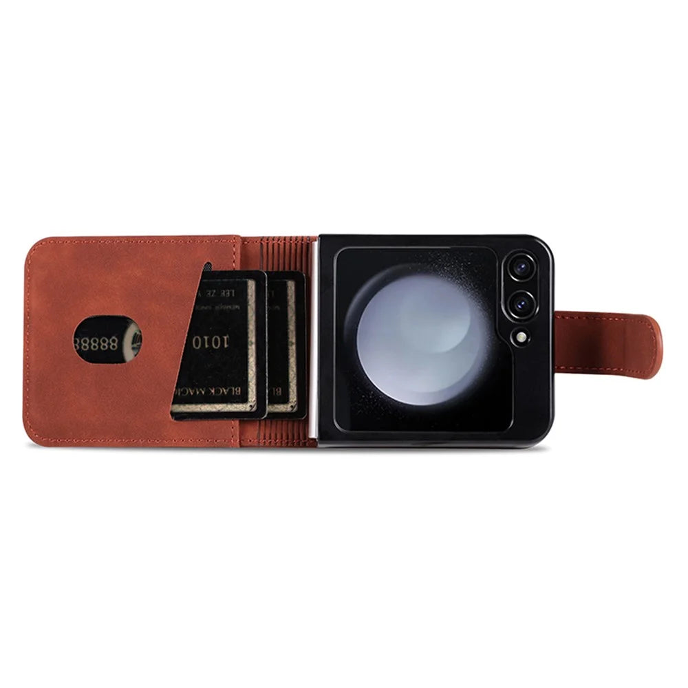 AZNS For Samsung Galaxy Z Flip5 5G Leather Case Card Holder Protective Phone Cover - Brown - 5