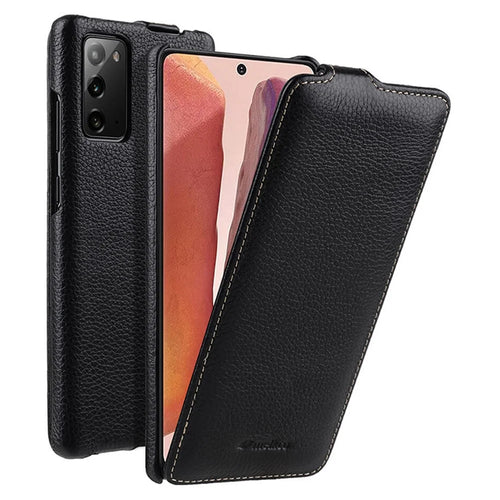 MELKCO For Samsung Galaxy Note20 / Note20 5G Case Genuine Cow Leather+PC Vertical Flip Phone Case - Black - 1