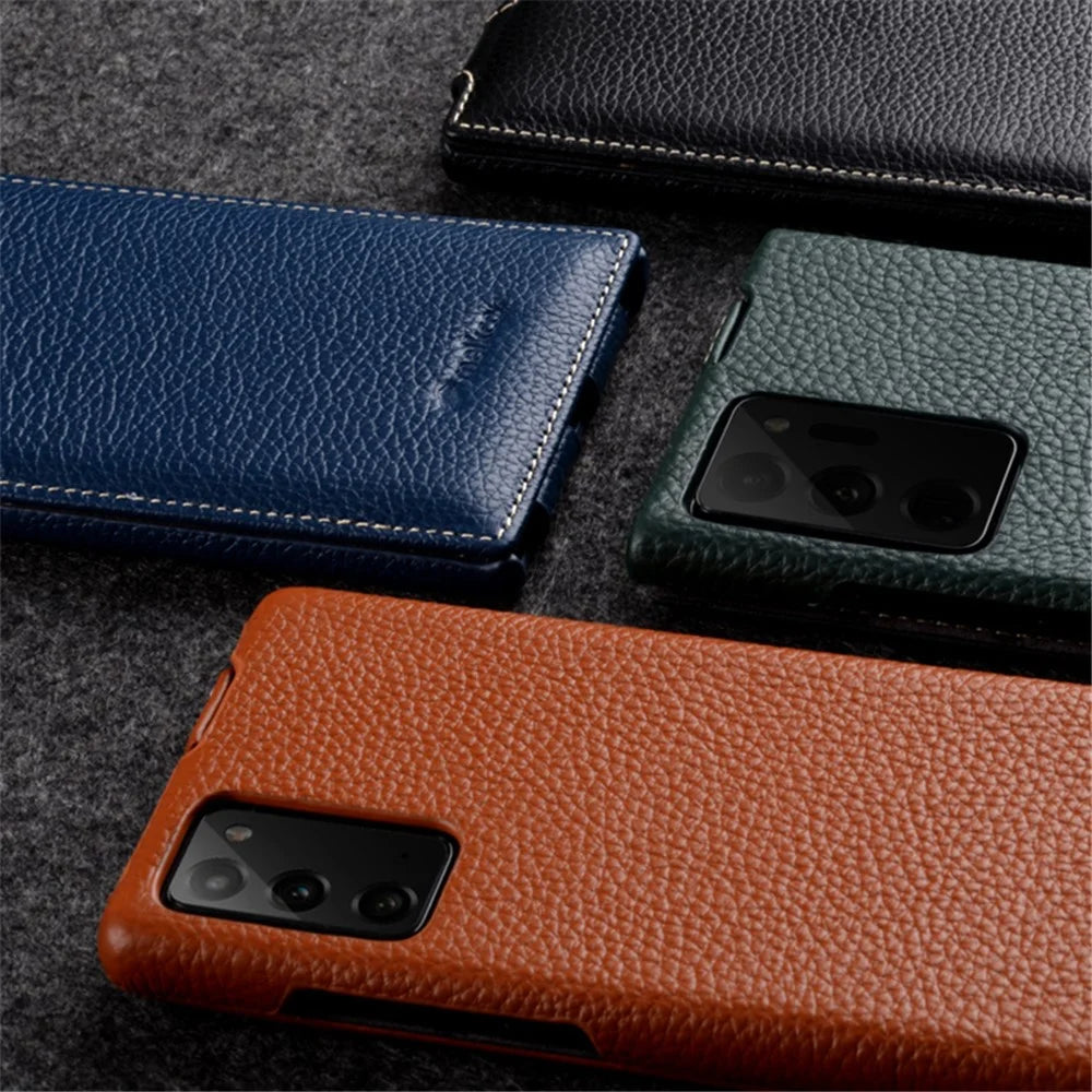 MELKCO For Samsung Galaxy Note20 / Note20 5G Case Genuine Cow Leather+PC Vertical Flip Phone Case - Black - 6