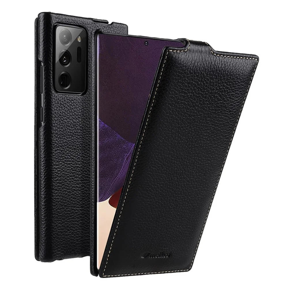 MELKCO For Samsung Galaxy Note20 Ultra / Note20 Ultra 5G Case Vertical Flip Genuine Cow Leather+PC Cover - Black - 1