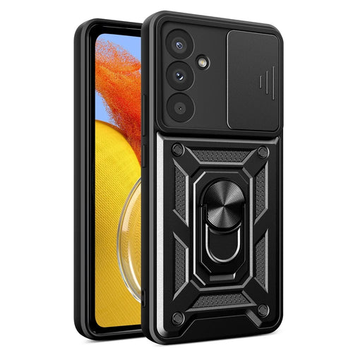 For Samsung Galaxy M14 5G Case PC+TPU Ring Kickstand Phone Cover - Black - 1