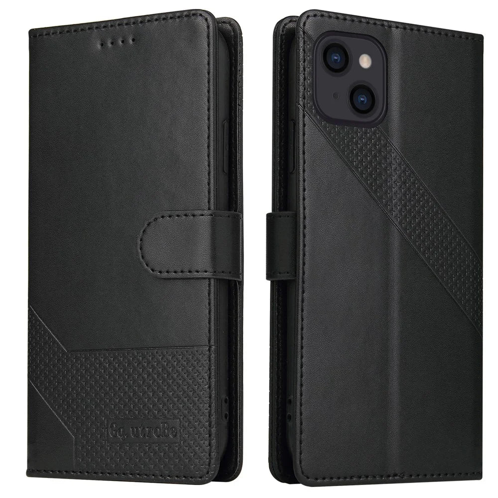 GQ.UTROBE 009 Series for iPhone 15 Case Imprinted PU Leather Wallet Stand Phone Cover - Black - 1