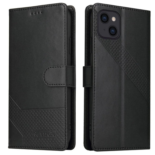 GQ.UTROBE 009 Series for iPhone 15 Case Imprinted PU Leather Wallet Stand Phone Cover - Black - 1