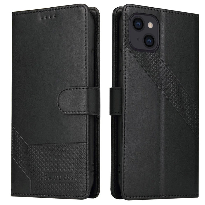 GQ.UTROBE 009 Series for iPhone 15 Case Imprinted PU Leather Wallet Stand Phone Cover - Black - 1