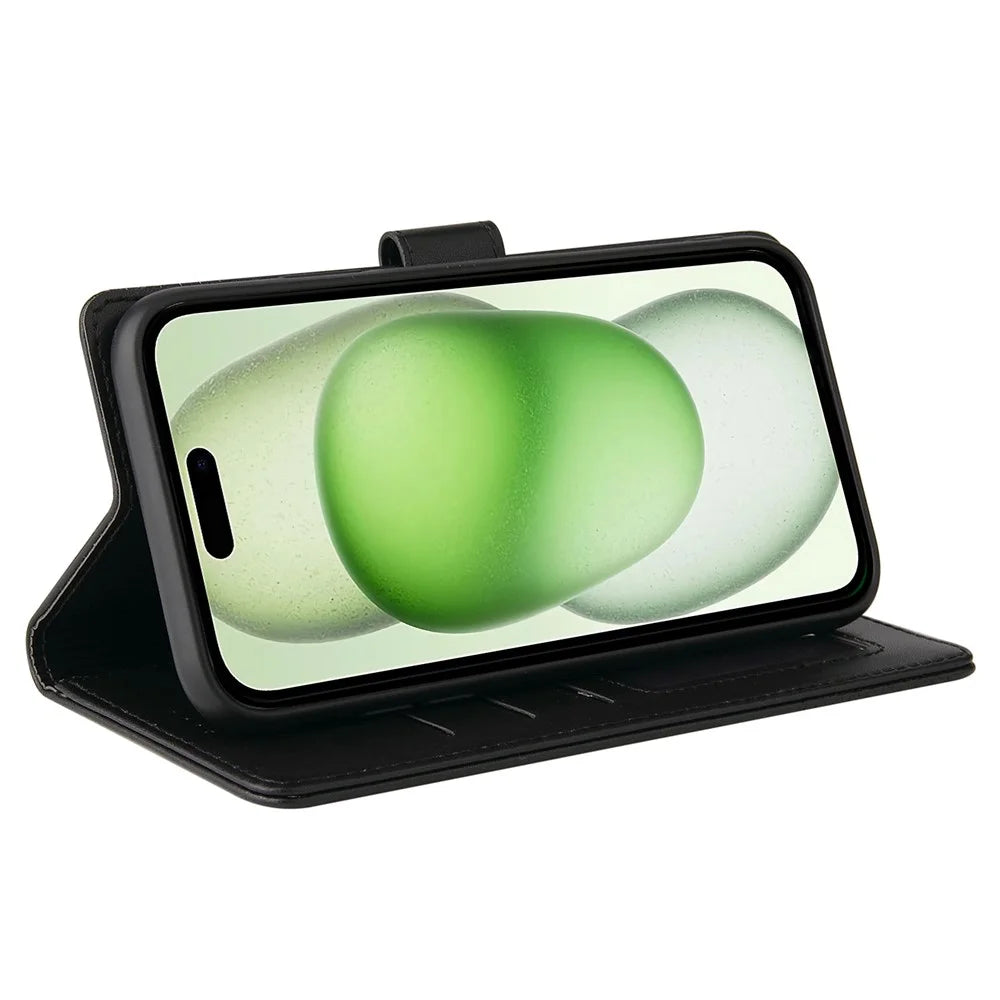 GQ.UTROBE 009 Series for iPhone 15 Case Imprinted PU Leather Wallet Stand Phone Cover - Black - 2