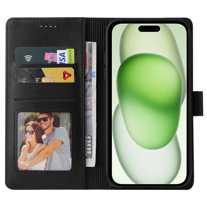 GQ.UTROBE 009 Series for iPhone 15 Case Imprinted PU Leather Wallet Stand Phone Cover - Black - 3