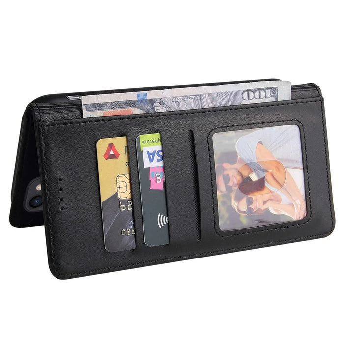 GQ.UTROBE 009 Series for iPhone 15 Case Imprinted PU Leather Wallet Stand Phone Cover - Black - 4