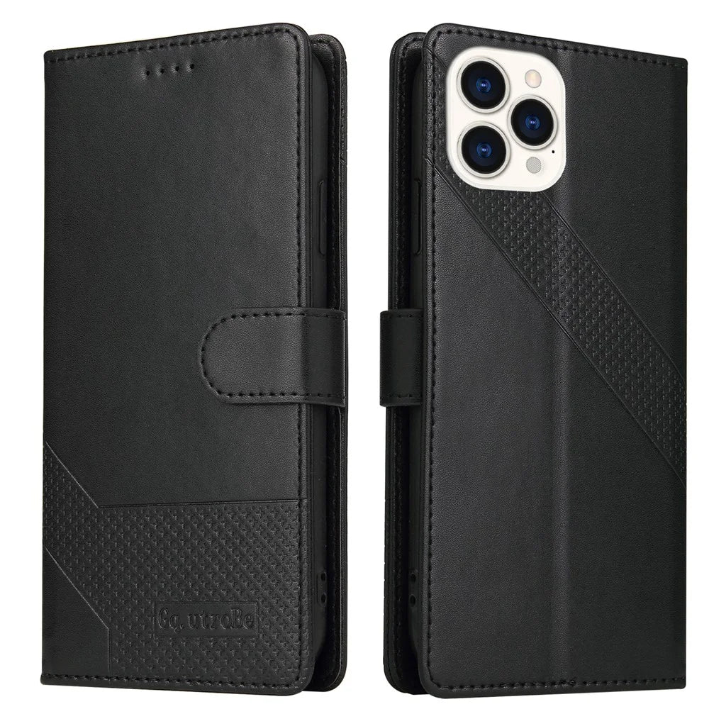 GQ.UTROBE 009 Series for iPhone 15 Pro Case Imprinted Leather Phone Cover with Wallet Stand - Black - 1