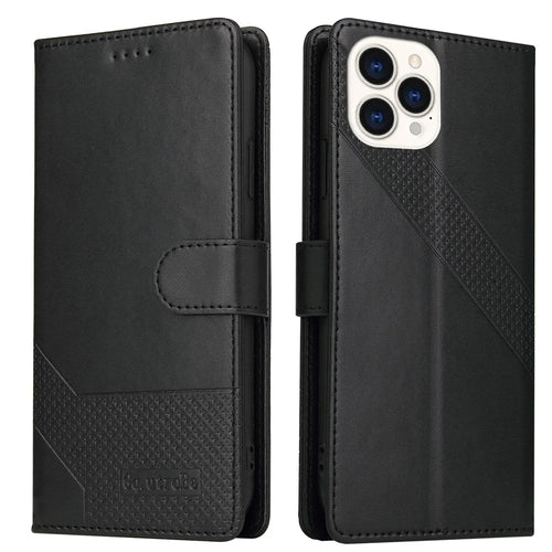 GQ.UTROBE 009 Series for iPhone 15 Pro Case Imprinted Leather Phone Cover with Wallet Stand - Black - 1