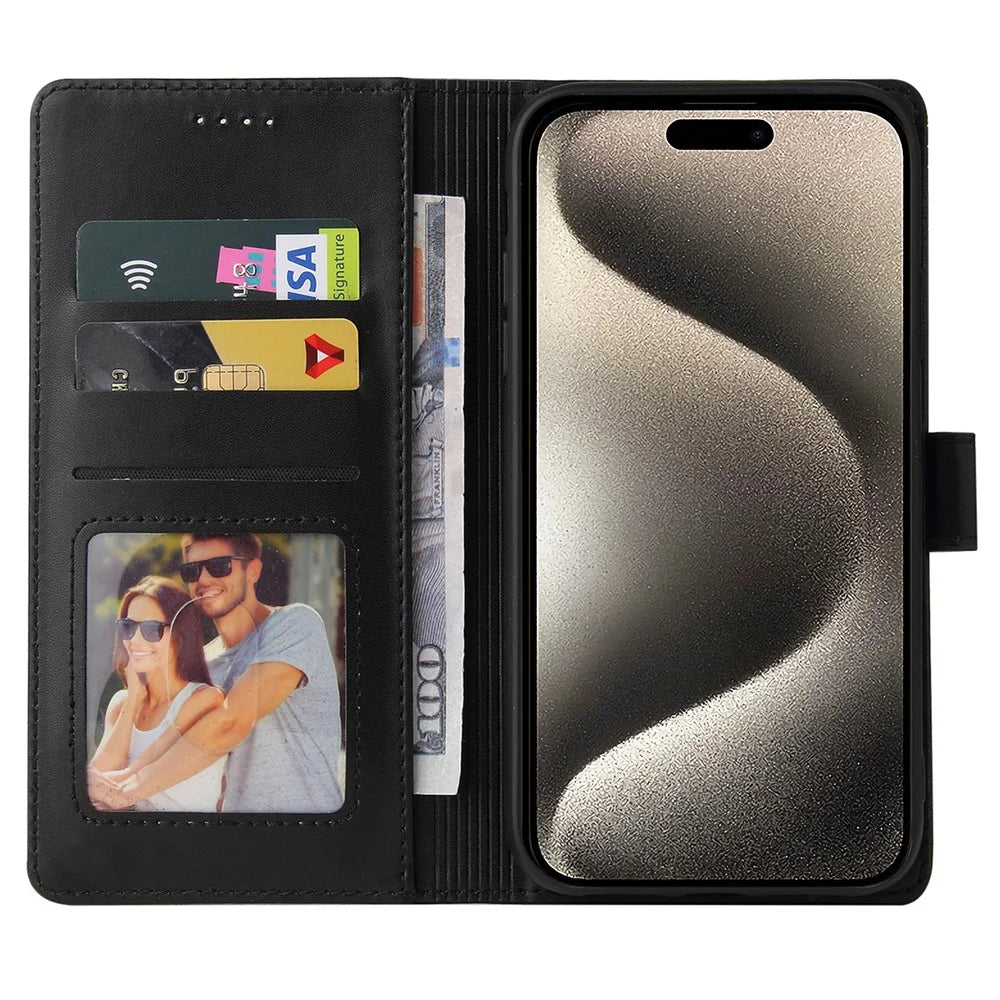 GQ.UTROBE 009 Series for iPhone 15 Pro Case Imprinted Leather Phone Cover with Wallet Stand - Black - 3