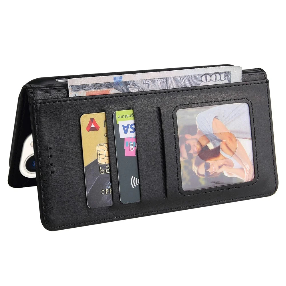 GQ.UTROBE 009 Series for iPhone 15 Pro Case Imprinted Leather Phone Cover with Wallet Stand - Black - 4