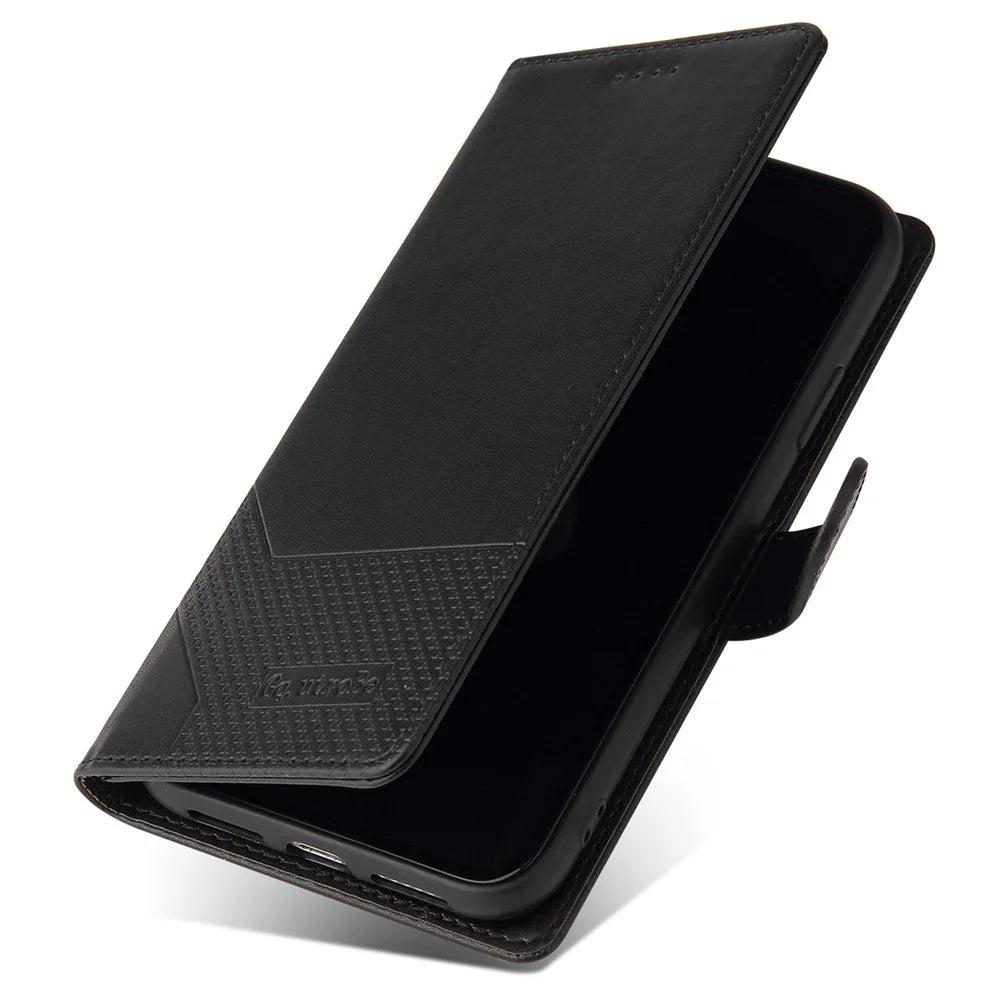 GQ.UTROBE 009 Series for iPhone 15 Pro Case Imprinted Leather Phone Cover with Wallet Stand - Black - 5
