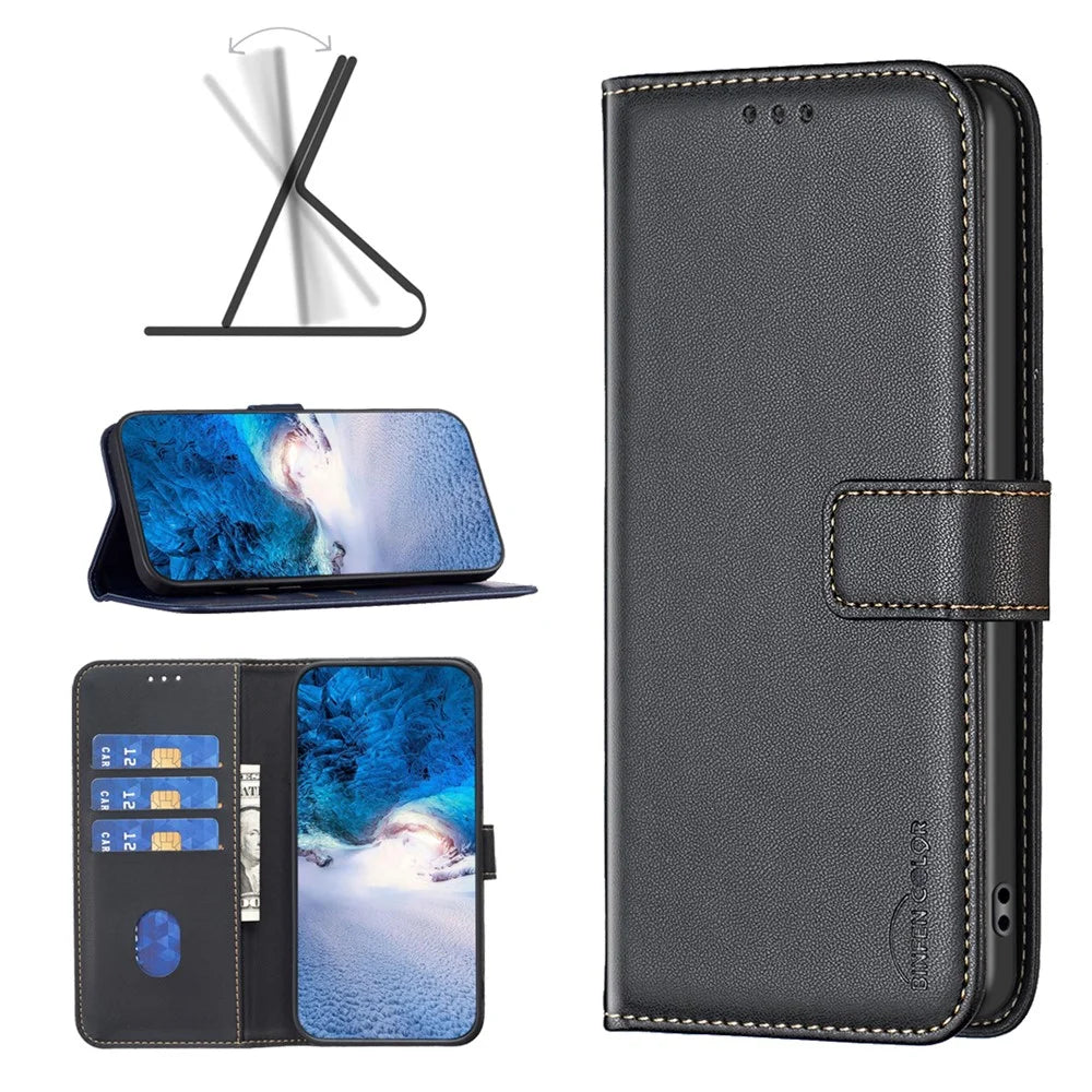 BINFEN COLOR BF17 For Samsung Galaxy A05s 4G Case Wallet PU Leather Stand Phone Cover - Black - 6