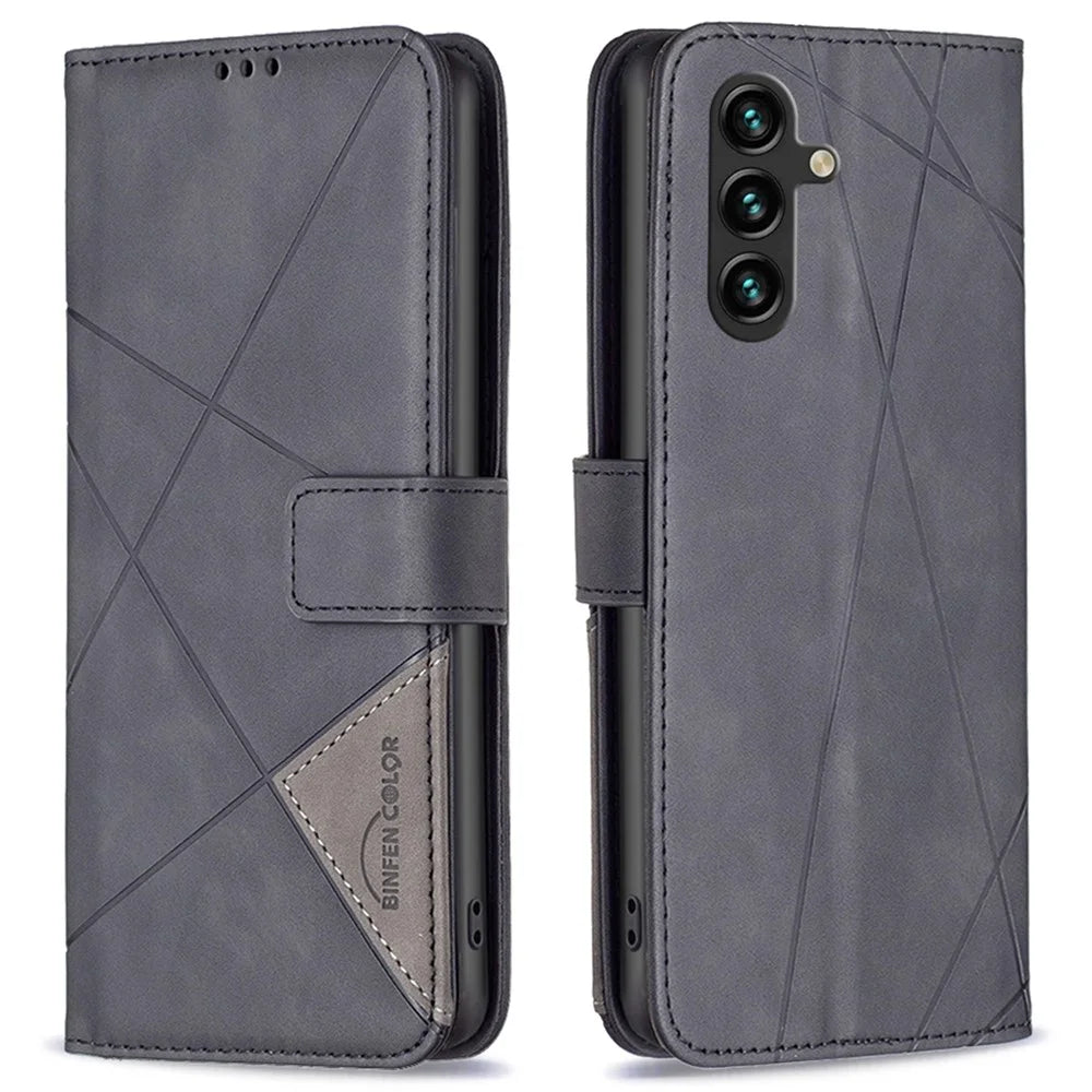 BINFEN COLOR For Samsung Galaxy A05s 4G Phone Cases Wallet Stand Geometry Imprint Leather Cover - Black - 1