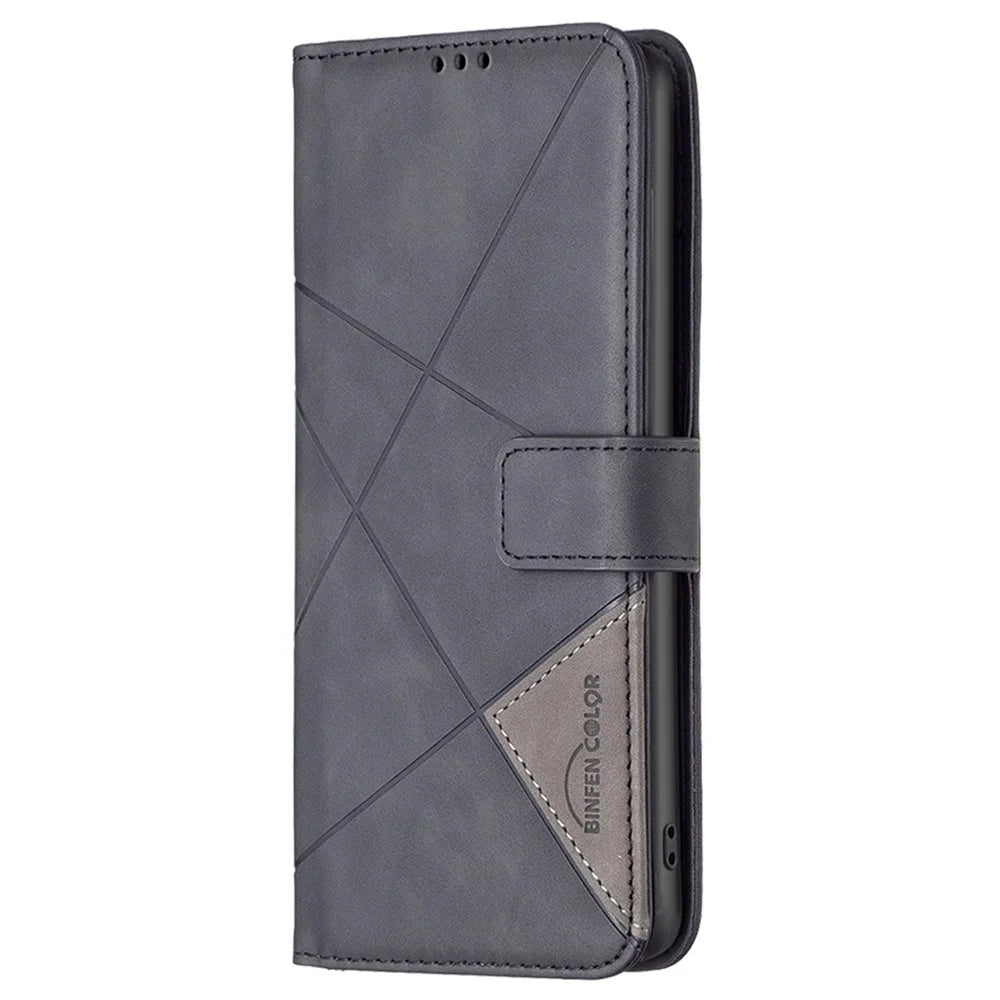 BINFEN COLOR For Samsung Galaxy A05s 4G Phone Cases Wallet Stand Geometry Imprint Leather Cover - Black - 5