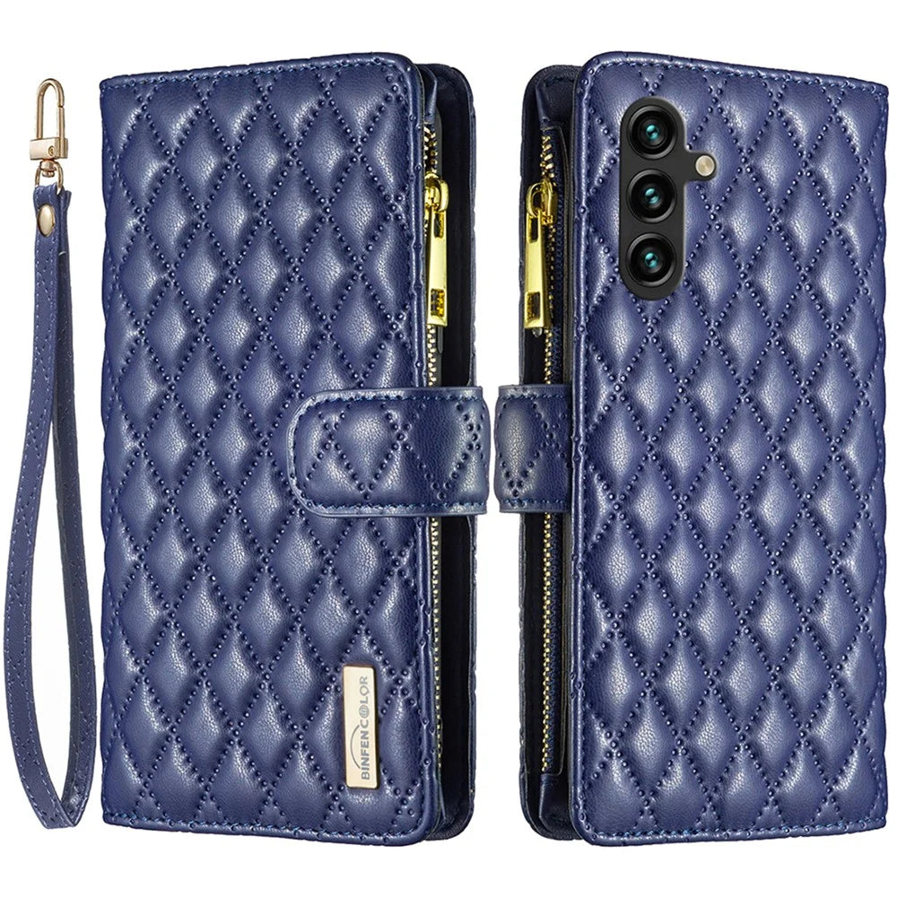 BINFEN COLOR BF Style-15 For Samsung Galaxy A05s 4G Case Zipper Pocket Leather Wallet Stand Phone Cover - Blue - 1