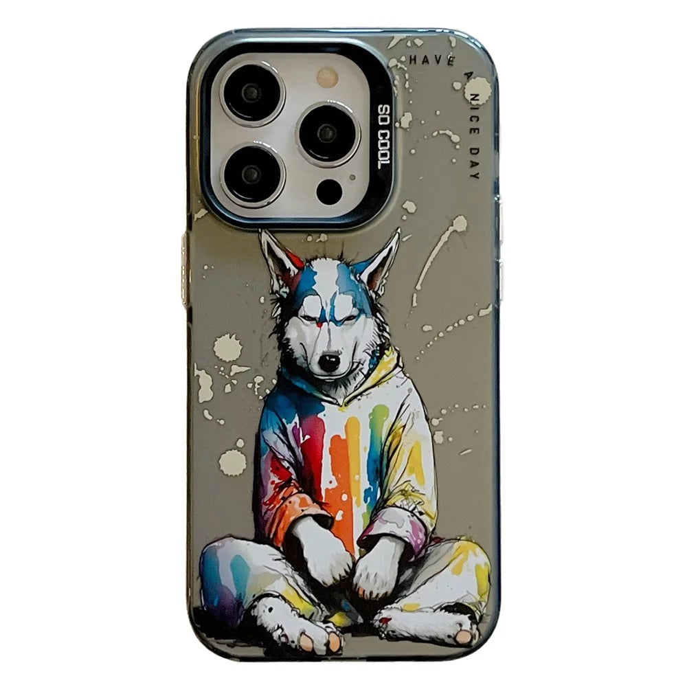 For iPhone 15 Pro Phone Case PC+TPU Graffiti Animal Pattern Design Cover - Sweater Dog - 1