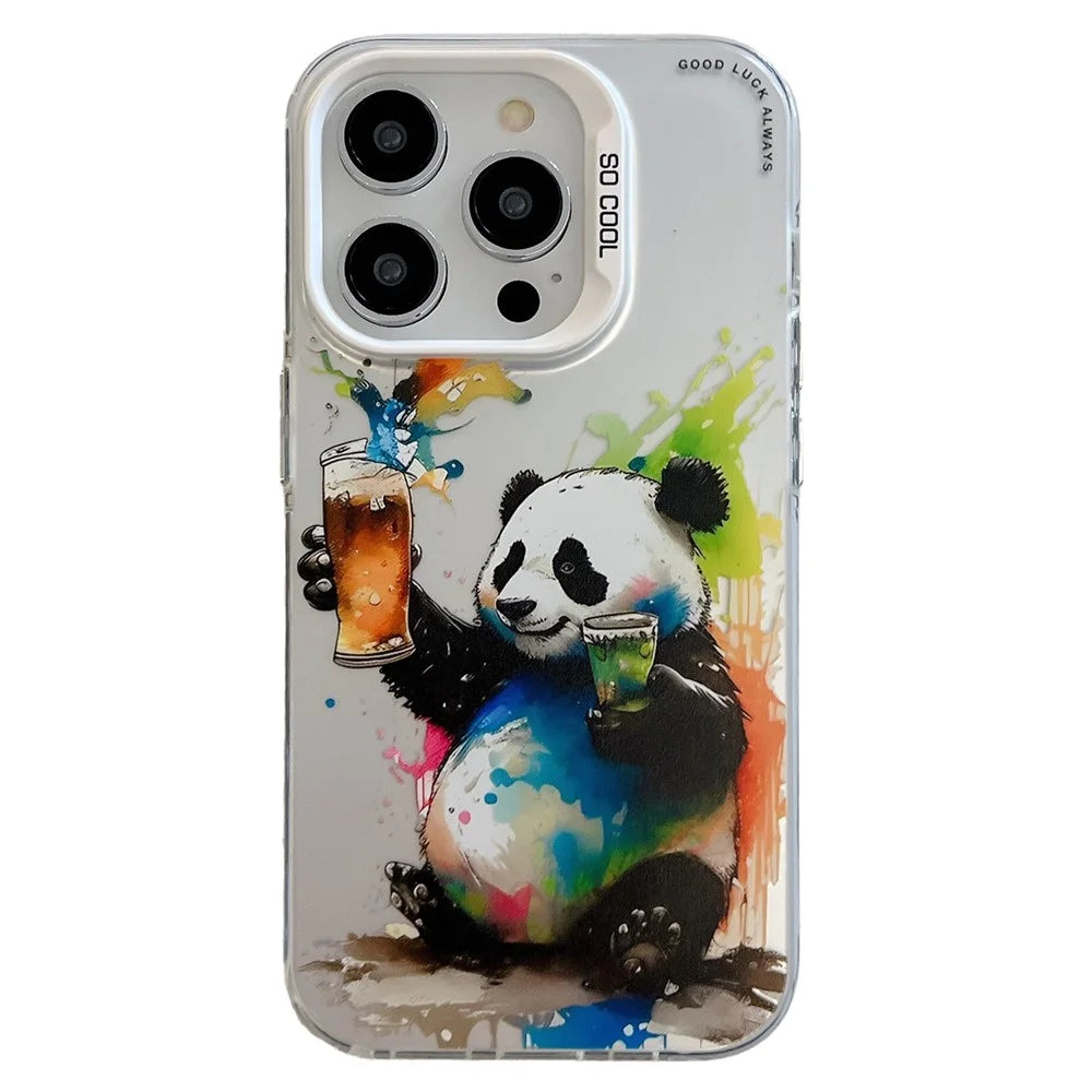 For iPhone 15 Pro Max PC+TPU Phone Cover Animal Pattern Printed Graffiti Case - Cheers Panda - 1