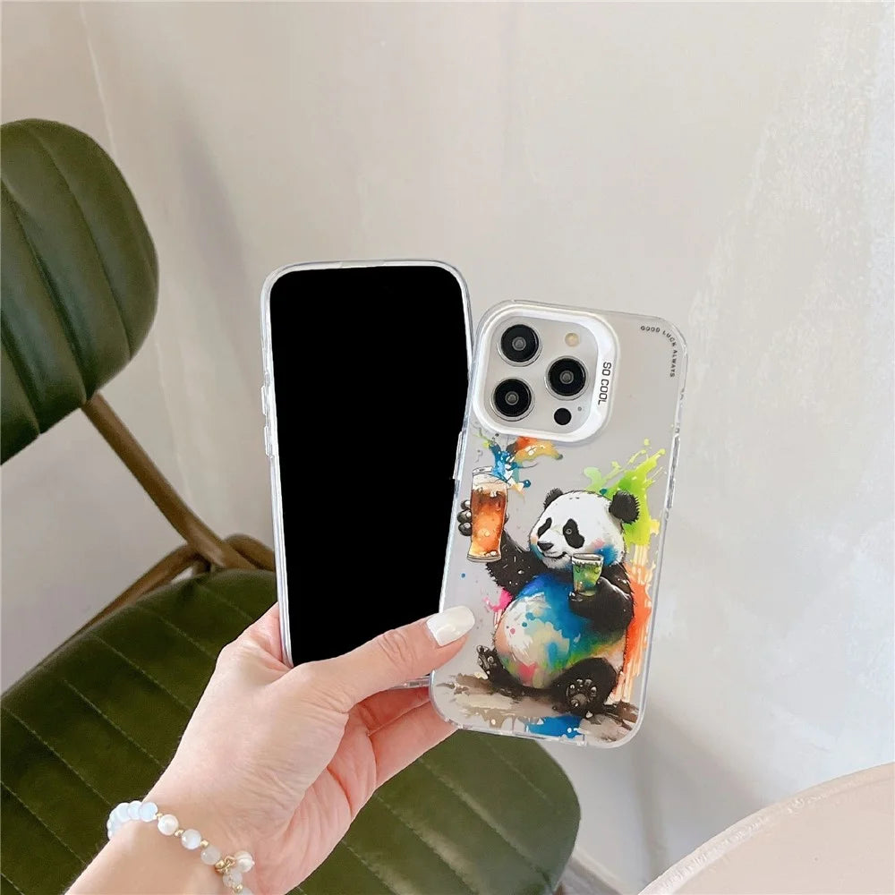 For iPhone 15 Pro Max PC+TPU Phone Cover Animal Pattern Printed Graffiti Case - Cheers Panda - 3
