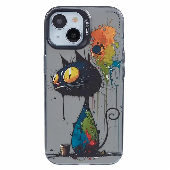 For iPhone 15 Plus Graffiti Case PC+TPU Animal Pattern Phone Cover - Black Cat - 3