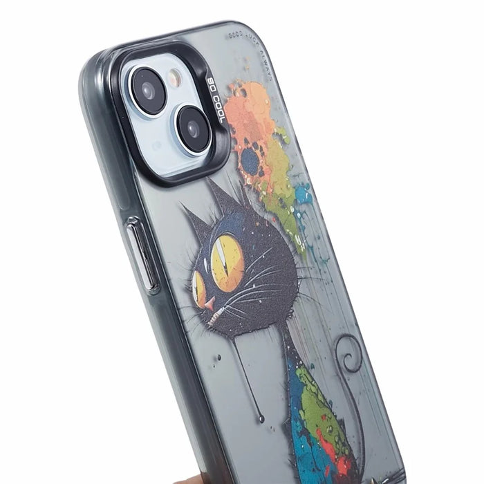 For iPhone 15 Plus Graffiti Case PC+TPU Animal Pattern Phone Cover - Black Cat - 6