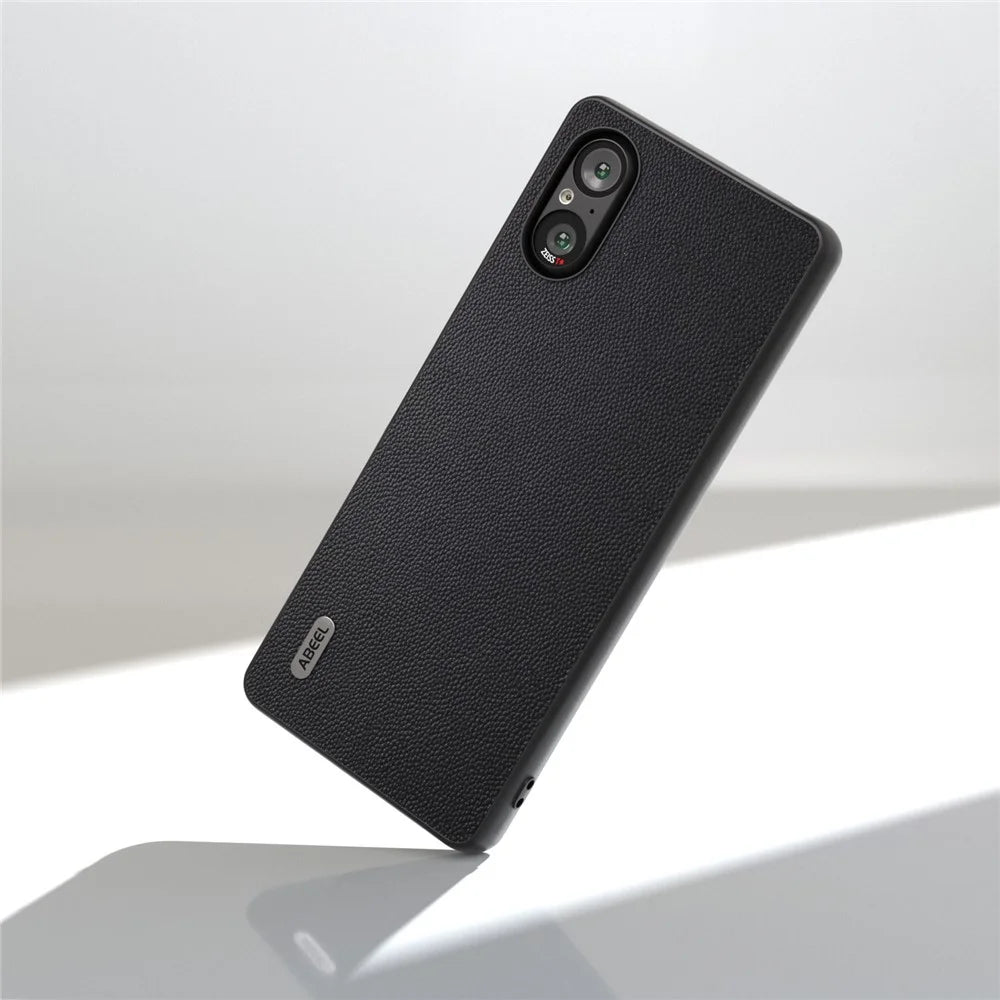 ABEEL For Sony Xperia 5 V Case Genuine Cow Leather Coated PC+TPU Phone Cover - Black - 5