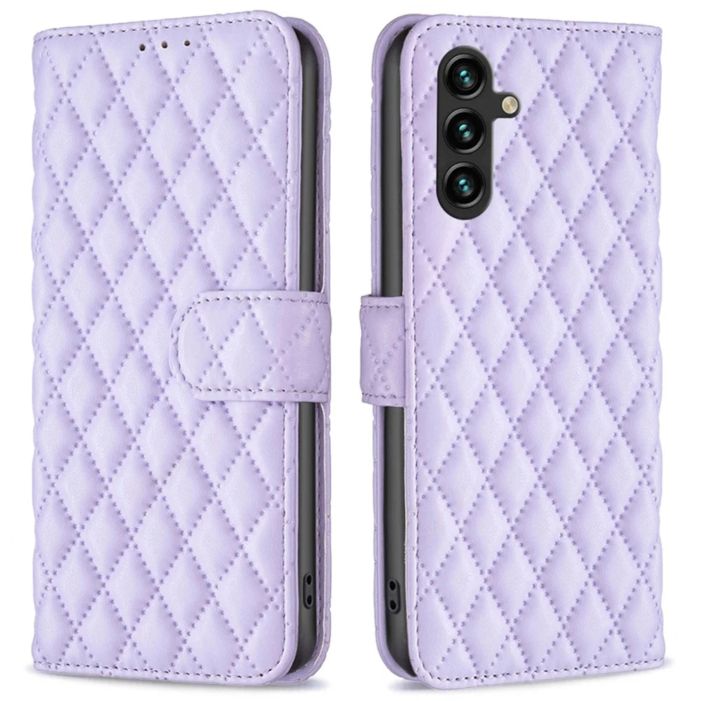 BINFEN COLOR BF Style-14 For Samsung Galaxy A15 4G Case PU Leather Phone Cover with Wallet - Purple - 1