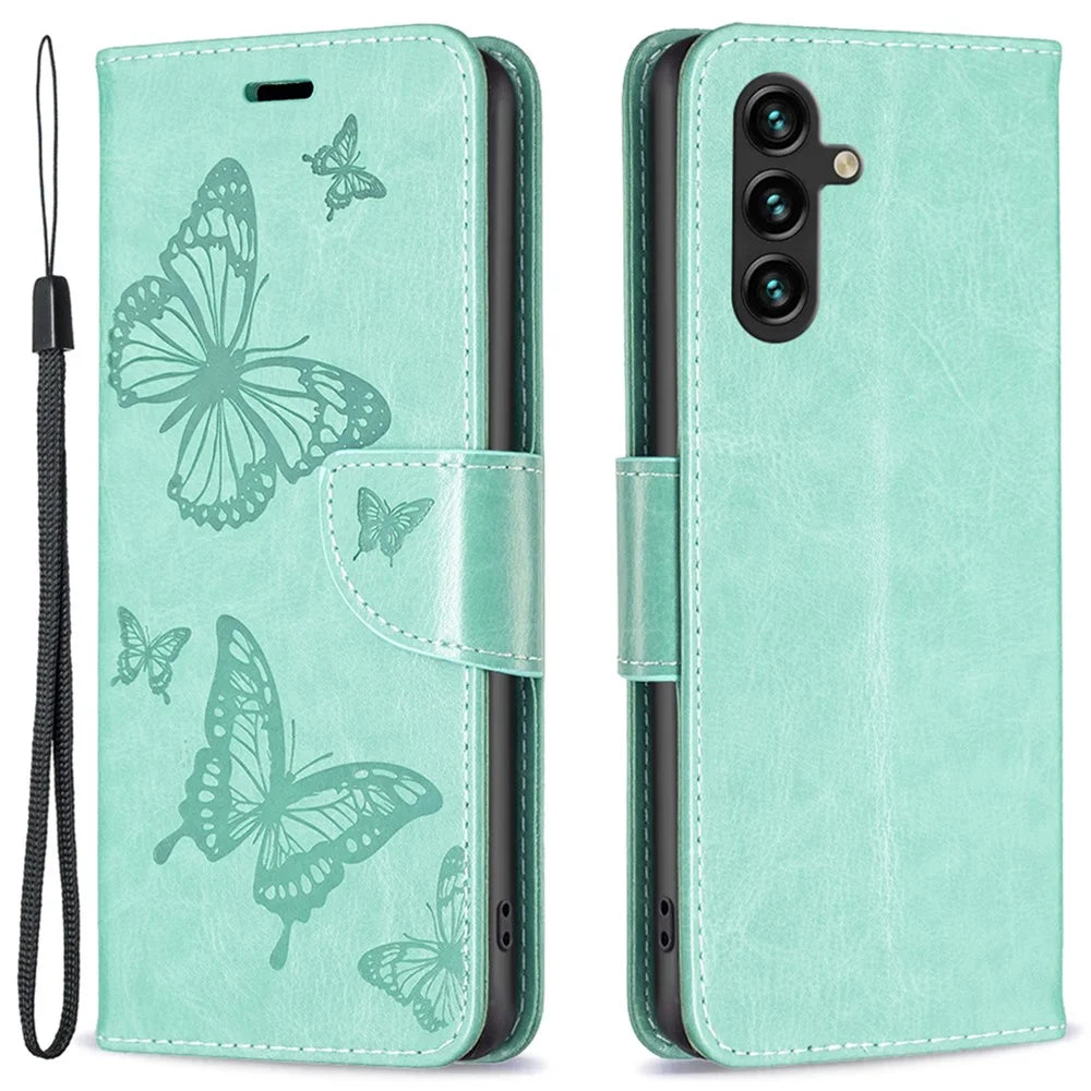 For Samsung Galaxy A15 4G Case Butterfly Imprinted PU Leather Wallet Cover - Green - 1