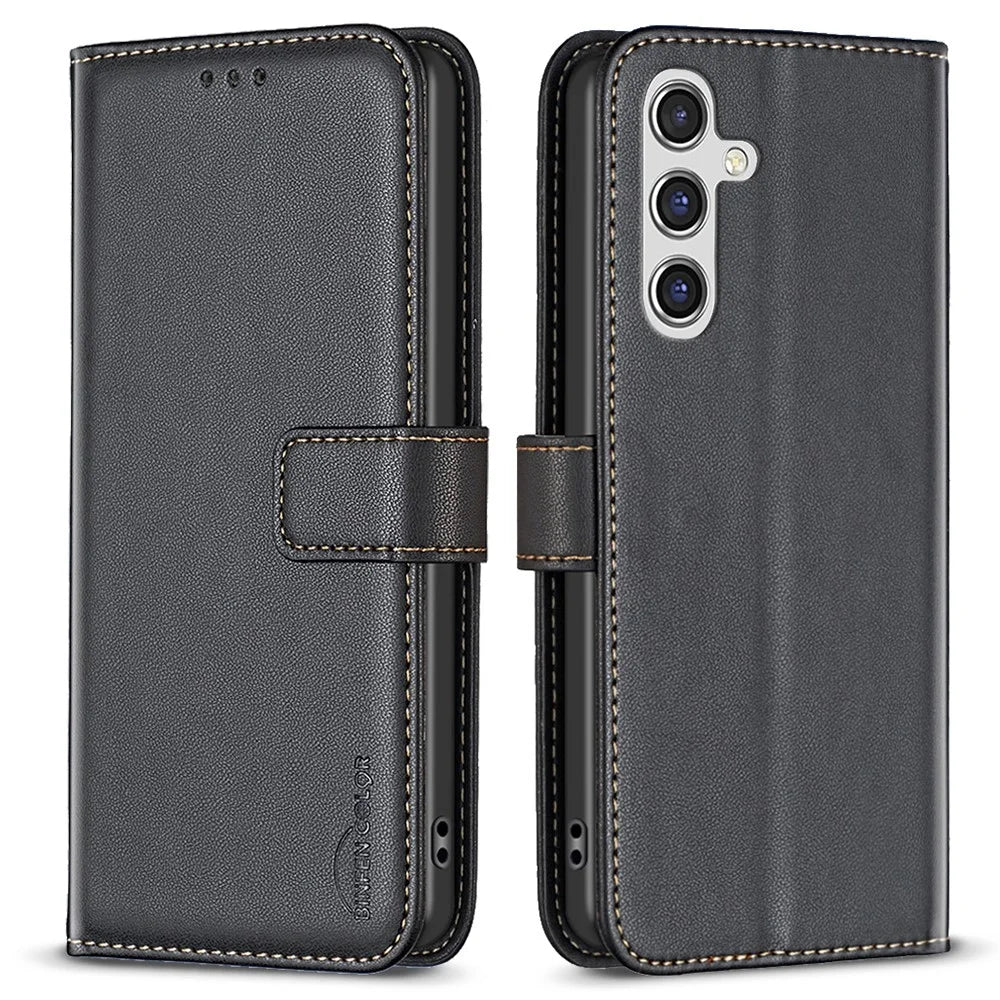 BINFEN COLOR BF17 For Samsung Galaxy A15 4G Case Leather Wallet Phone Cover - Black - 1