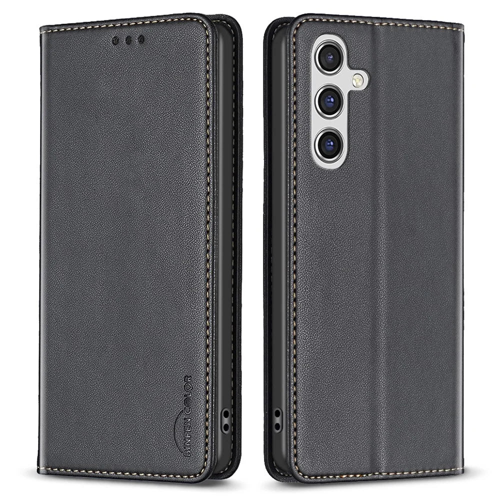 BINFEN COLOR BF18 For Samsung Galaxy A15 4G Case Card Holder PU Leather Stand Cover - Black - 1