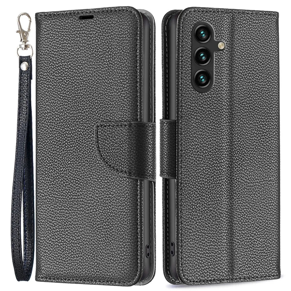 For Samsung Galaxy A15 4G Wallet Case with Wrist Strap Litchi Texture Leather Phone Stand Cover - Black - 1