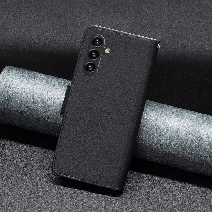 For Samsung Galaxy A15 4G Wallet Case with Wrist Strap Litchi Texture Leather Phone Stand Cover - Black - 6