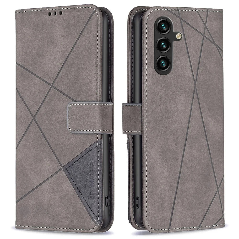 BINFEN COLOR For Samsung Galaxy A15 4G Phone Cases Wallet Stand Geometry Imprint Leather Cover - Grey - 1