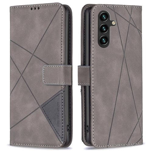 BINFEN COLOR For Samsung Galaxy A15 4G Phone Cases Wallet Stand Geometry Imprint Leather Cover - Grey - 1