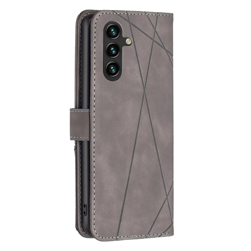 BINFEN COLOR For Samsung Galaxy A15 4G Phone Cases Wallet Stand Geometry Imprint Leather Cover - Grey - 5
