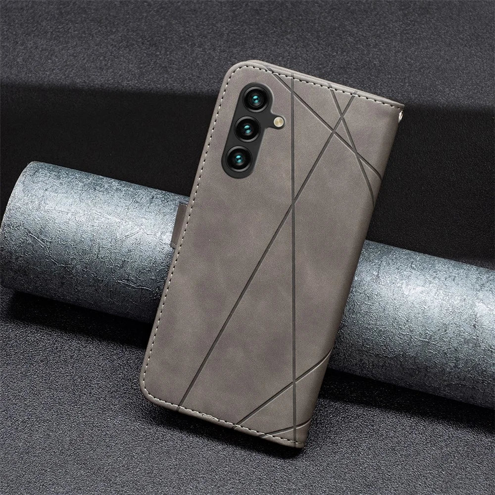 BINFEN COLOR For Samsung Galaxy A15 4G Phone Cases Wallet Stand Geometry Imprint Leather Cover - Grey - 6