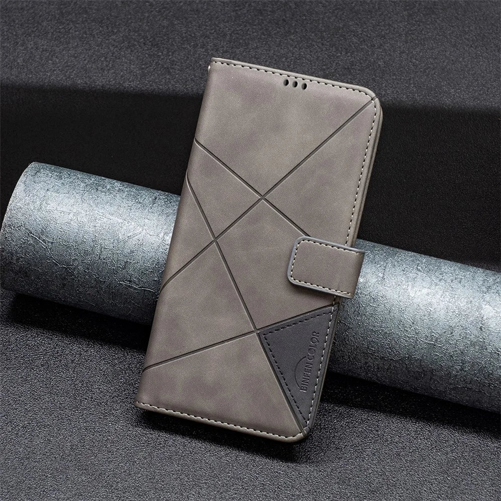 BINFEN COLOR For Samsung Galaxy A15 4G Phone Cases Wallet Stand Geometry Imprint Leather Cover - Grey - 7