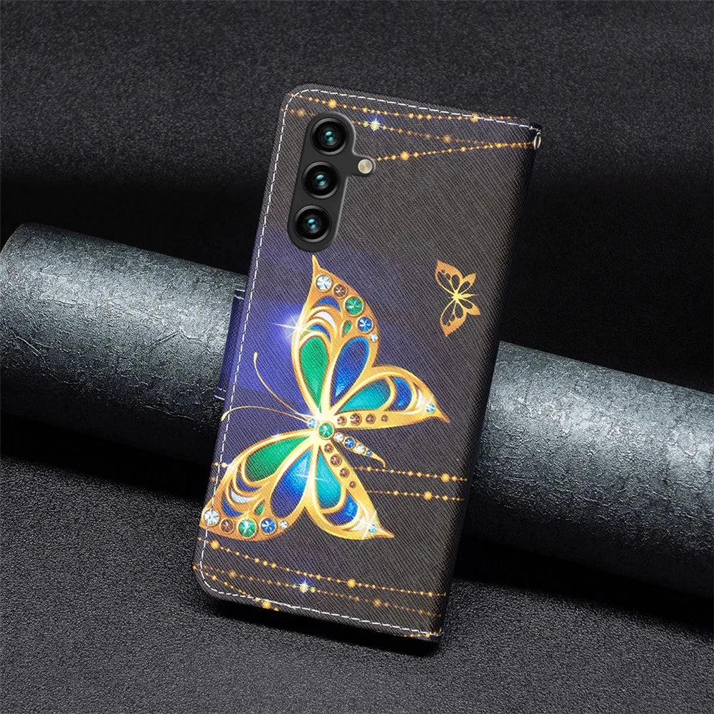 For Samsung Galaxy A15 4G Case Wallet PU Leather Pattern Printing Phone Cover - Jewelry Butterfly - 6