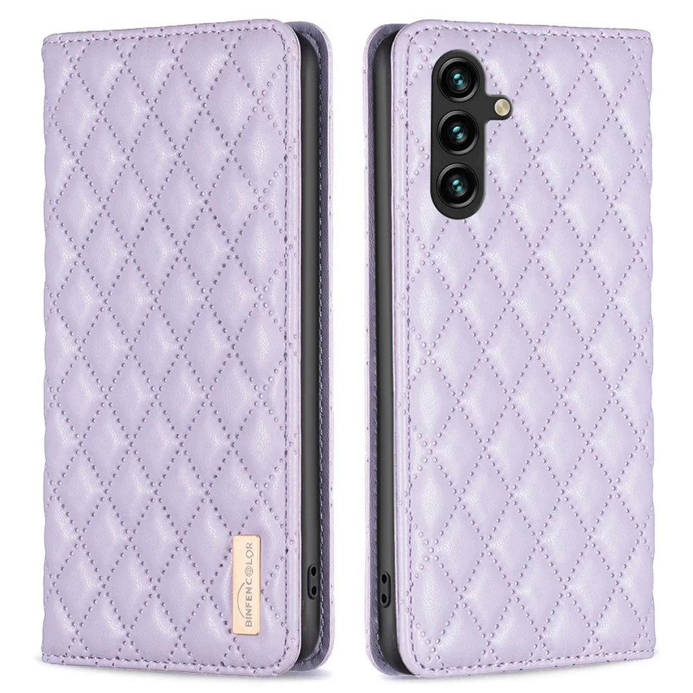 BINFEN COLOR For Samsung Galaxy A15 4G Case BF Style-16 Card Holder Leather Phone Cover - Purple - 1