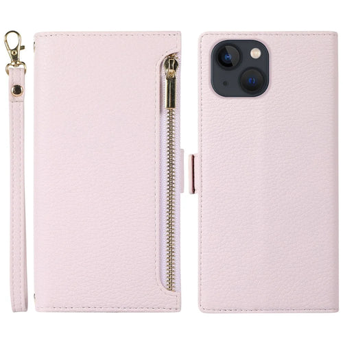 For iPhone 15 Case Litchi Texture PU Leather Zipper Pocket Cell Phone Cover with Strap - Light Purple - 1