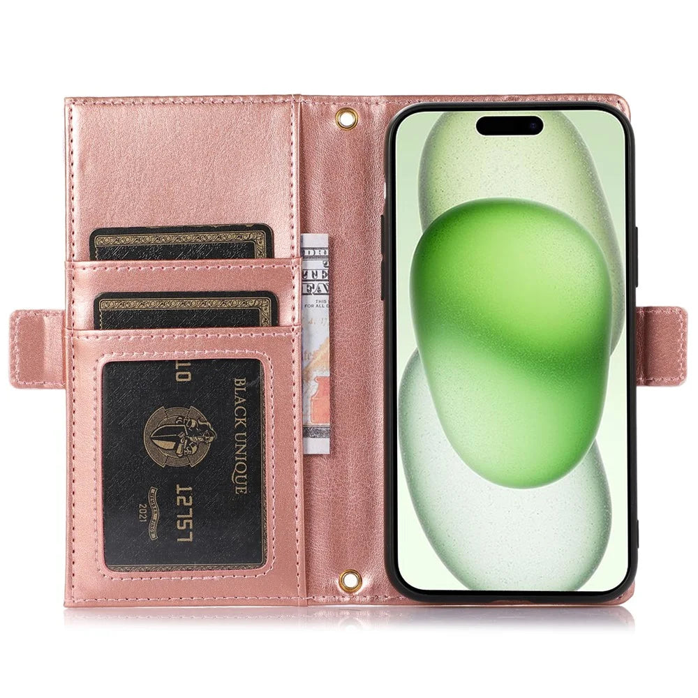 For iPhone 15 Case Litchi Texture PU Leather Zipper Pocket Cell Phone Cover with Strap - Light Purple - 2