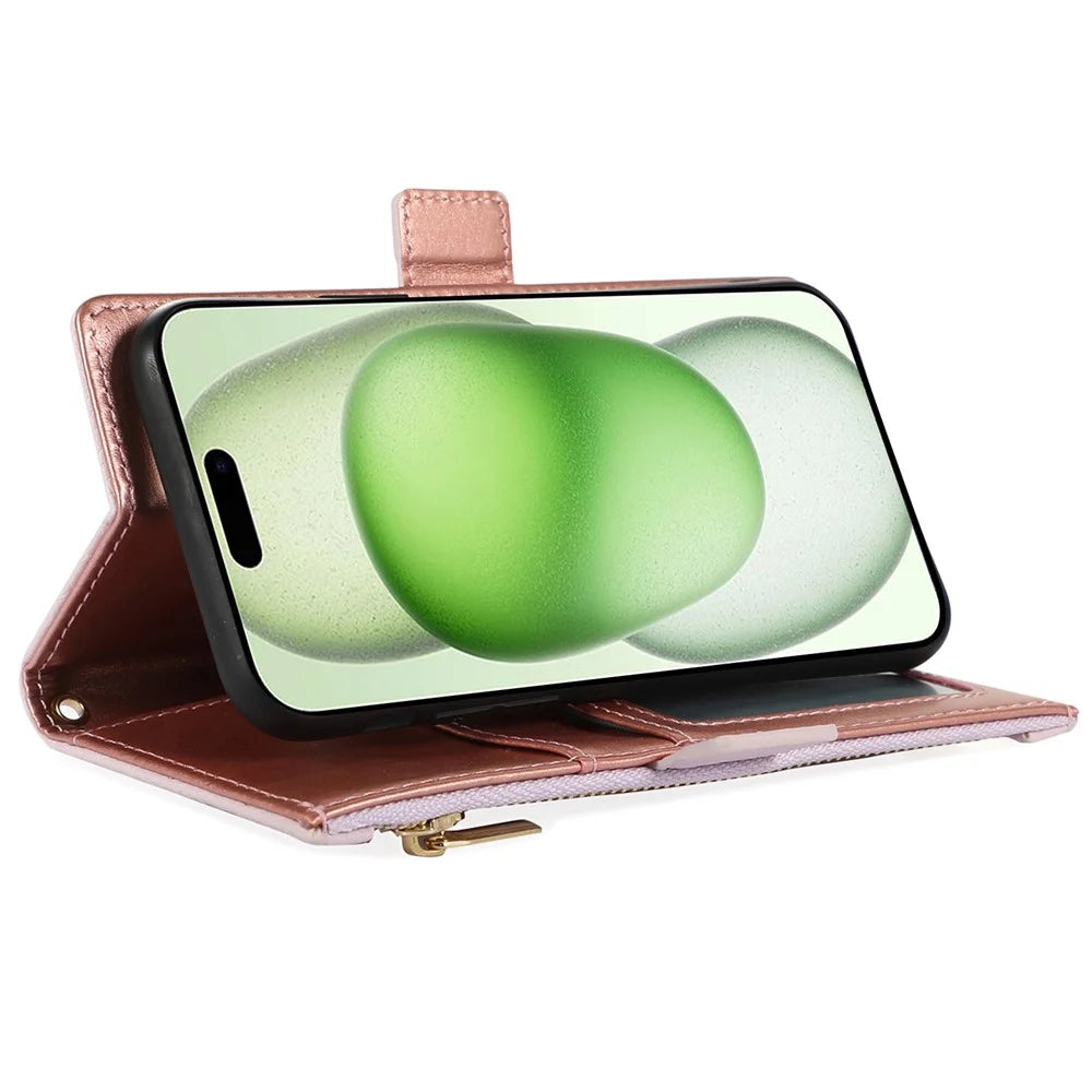 For iPhone 15 Case Litchi Texture PU Leather Zipper Pocket Cell Phone Cover with Strap - Light Purple - 3