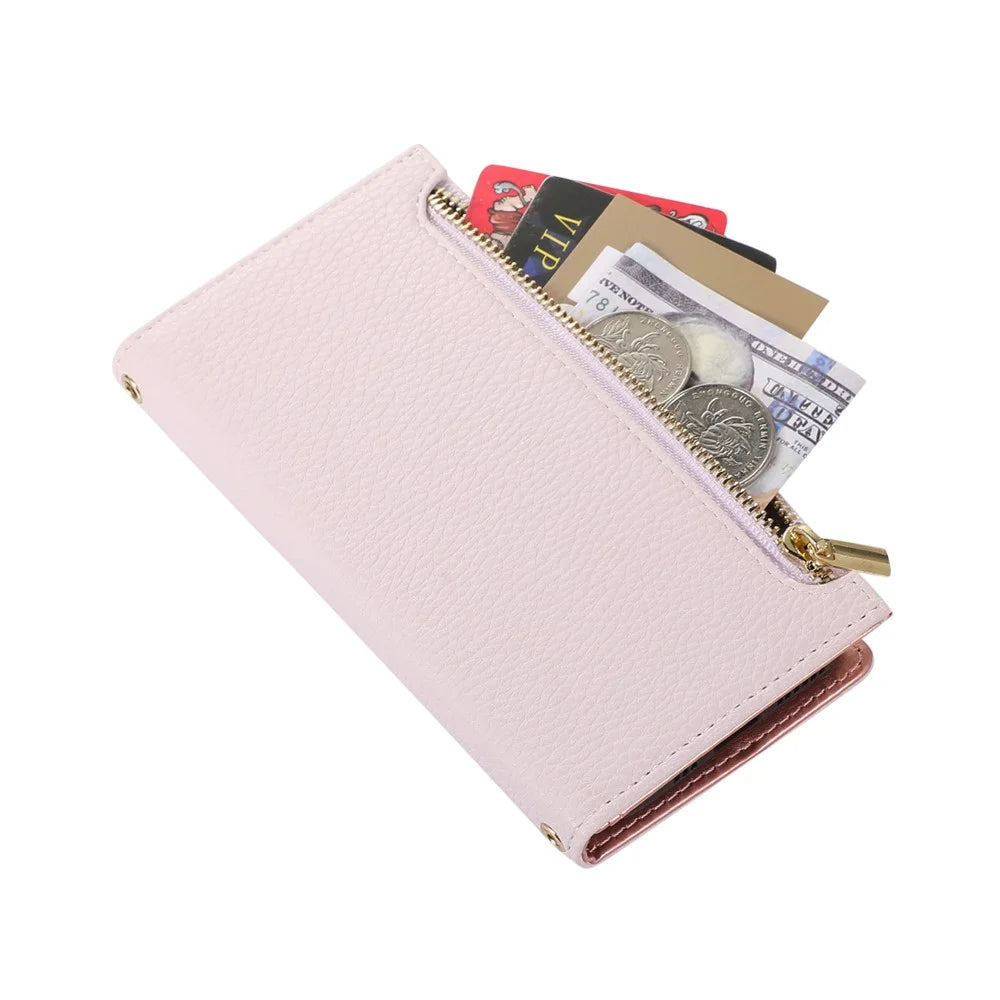 For iPhone 15 Case Litchi Texture PU Leather Zipper Pocket Cell Phone Cover with Strap - Light Purple - 4