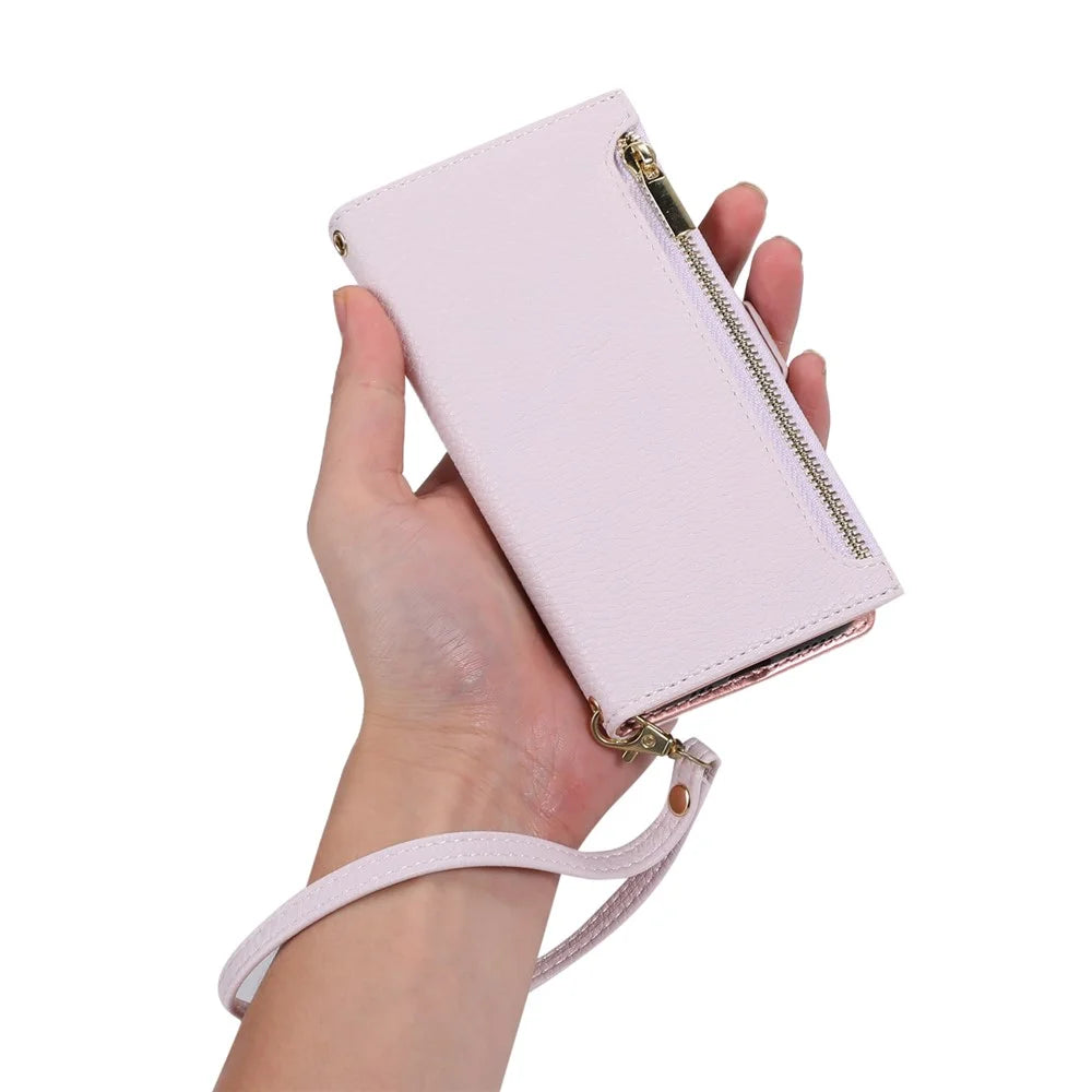 For iPhone 15 Case Litchi Texture PU Leather Zipper Pocket Cell Phone Cover with Strap - Light Purple - 5