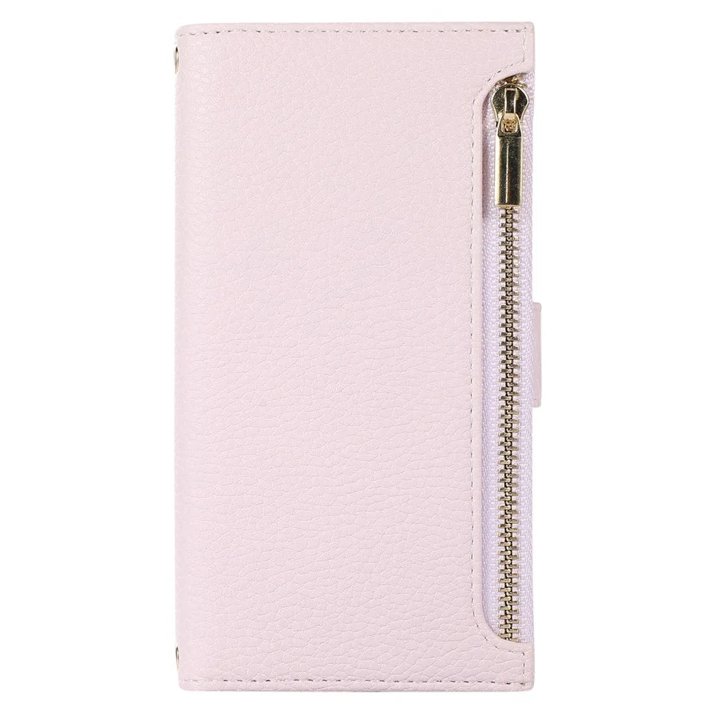 For iPhone 15 Case Litchi Texture PU Leather Zipper Pocket Cell Phone Cover with Strap - Light Purple - 6