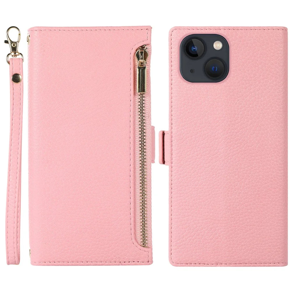 For iPhone 15 Plus Case Zipper Pocket Litchi Texture PU Leather Phone Cover with Strap - Pink - 1