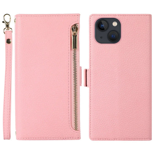 For iPhone 15 Plus Case Zipper Pocket Litchi Texture PU Leather Phone Cover with Strap - Pink - 1